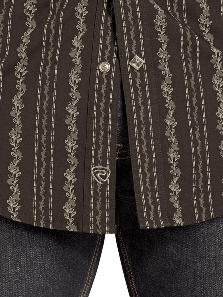 Rock & Roll Denim BMN2S07632 Mens Wallpaper Print Long Sleeve Snap Shirt Black front close up. If you need any assistance with this item or the purchase of this item please call us at five six one seven four eight eight eight zero one Monday through Saturday 10:00a.m EST to 8:00 p.m EST