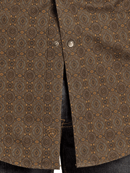 Rock & Roll Denim BMN2S07637 Mens Medallion Print Long Sleeve Snap Shirt Dark Brown close up. If you need any assistance with this item or the purchase of this item please call us at five six one seven four eight eight eight zero one Monday through Saturday 10:00a.m EST to 8:00 p.m EST