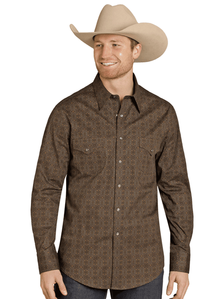 Rock & Roll Denim BMN2S07637 Mens Medallion Print Long Sleeve Snap Shirt Dark Brown front view. If you need any assistance with this item or the purchase of this item please call us at five six one seven four eight eight eight zero one Monday through Saturday 10:00a.m EST to 8:00 p.m EST