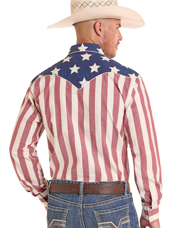 Rock & Roll Denim BMN2S08656 Mens Americano Brushed Popper Shirt Red White And Blue back view. If you need any assistance with this item or the purchase of this item please call us at five six one seven four eight eight eight zero one Monday through Saturday 10:00a.m EST to 8:00 p.m EST