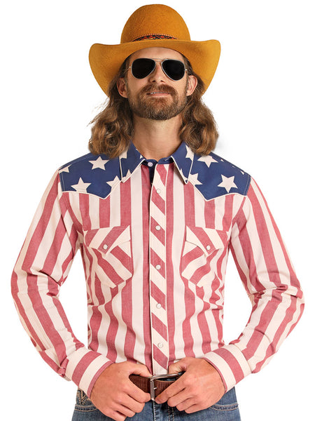 Rock & Roll Denim BMN2S08656 Mens Americano Brushed Popper Shirt Red White And Blue front view. If you need any assistance with this item or the purchase of this item please call us at five six one seven four eight eight eight zero one Monday through Saturday 10:00a.m EST to 8:00 p.m EST