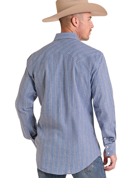 Rock & Roll Denim BMN2S09434 Mens Dobby Yarn Dye Long Sleeve Snap Shirt Blue back view. If you need any assistance with this item or the purchase of this item please call us at five six one seven four eight eight eight zero one Monday through Saturday 10:00a.m EST to 8:00 p.m EST
