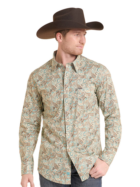 Rock & Roll Denim BMN2S10112 Mens Paisley Print Long Sleeve Snap Shirt Teal front view. If you need any assistance with this item or the purchase of this item please call us at five six one seven four eight eight eight zero one Monday through Saturday 10:00a.m EST to 8:00 p.m EST