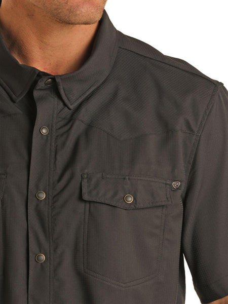 Rock & Roll Denim BMN3S02400-BLK Mens Ripstop Short Sleeve Snap Shirt Black close up. If you need any assistance with this item or the purchase of this item please call us at five six one seven four eight eight eight zero one Monday through Saturday 10:00a.m EST to 8:00 p.m EST