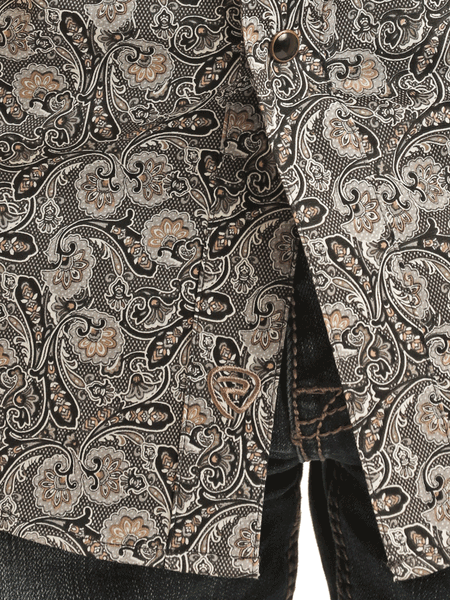 Rock & Roll Denim BMN3S03348 Mens Paisley Print Short Sleeve Snap Shirt Black close up view of fabric. If you need any assistance with this item or the purchase of this item please call us at five six one seven four eight eight eight zero one Monday through Saturday 10:00a.m EST to 8:00 p.m EST