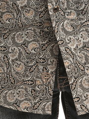 Rock & Roll Denim BMN3S03348 Mens Paisley Print Short Sleeve Snap Shirt Black close up view of fabric. If you need any assistance with this item or the purchase of this item please call us at five six one seven four eight eight eight zero one Monday through Saturday 10:00a.m EST to 8:00 p.m EST