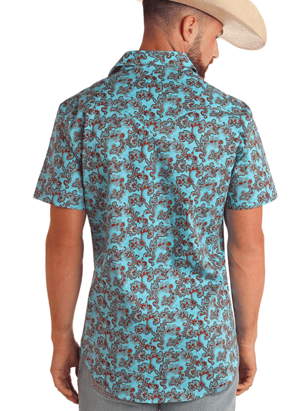 Rock & Roll Denim BMN3S05865 Mens Paisley Print Short Sleeve Snap Shirt Blue back view. If you need any assistance with this item or the purchase of this item please call us at five six one seven four eight eight eight zero one Monday through Saturday 10:00a.m EST to 8:00 p.m EST