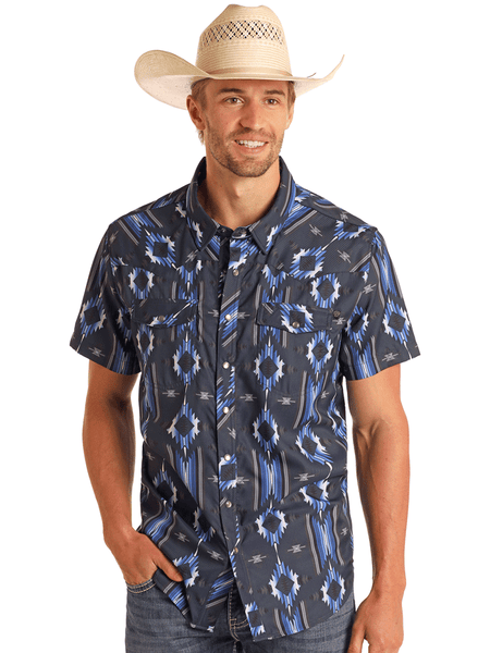 Rock & Roll Denim BMN3S05949 Mens Tek Western Short Sleeve Aztec Print Shirt Navy front view. If you need any assistance with this item or the purchase of this item please call us at five six one seven four eight eight eight zero one Monday through Saturday 10:00a.m EST to 8:00 p.m EST