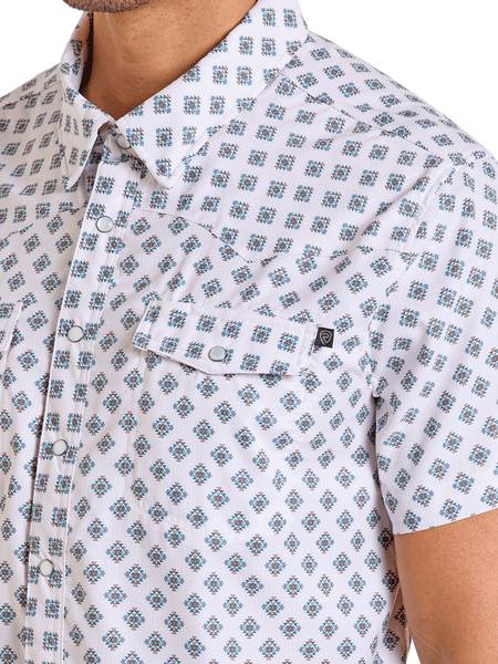 Rock & Roll Denim BMN3S06424 Mens Tek Western Short Sleeve Geo Print Shirt Natural front close up. If you need any assistance with this item or the purchase of this item please call us at five six one seven four eight eight eight zero one Monday through Saturday 10:00a.m EST to 8:00 p.m EST