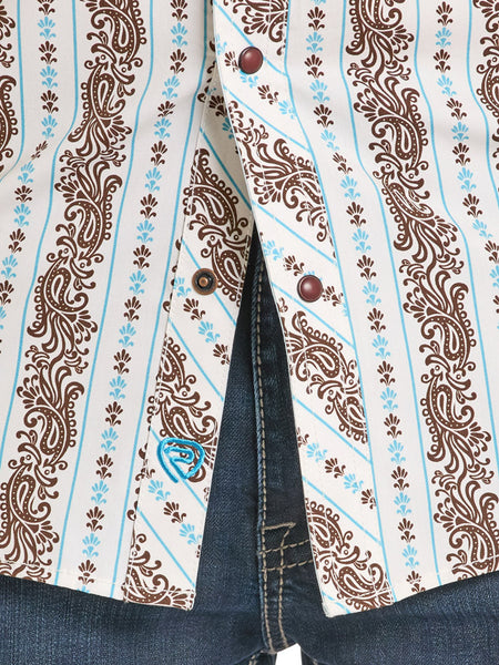 Rock & Roll Denim BMN3S08320 Mens Western Paisley Stripe Short Sleeve Snap Shirt Teal close up. If you need any assistance with this item or the purchase of this item please call us at five six one seven four eight eight eight zero one Monday through Saturday 10:00a.m EST to 8:00 p.m EST