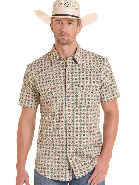 Rock & Roll Denim BMN3S08648 Mens Medallion Print Short Sleeve Snap Shirt Teal front view. If you need any assistance with this item or the purchase of this item please call us at five six one seven four eight eight eight zero one Monday through Saturday 10:00a.m EST to 8:00 p.m EST