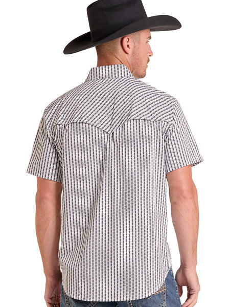 A man wearing a black cowboy hat and a black-and-white vertically striped short-sleeve western shirt, shown from the back against a plain white background. If you need any assistance with this item or the purchase of this item please call us at five six one seven four eight eight eight zero one Monday through Saturday 10:00a.m EST to 8:00 p.m EST