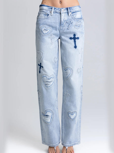 Miss Me M2410SWV Womens Aryanna Heart Cross Slim Wide Light Blue front view. If you need any assistance with this item or the purchase of this item please call us at five six one seven four eight eight eight zero one Monday through Saturday 10:00a.m EST to 8:00 p.m EST