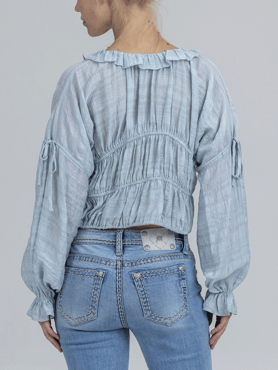Miss Me BMT0813L-LB Womens Cropped Peasant Blouse Light Blue back view. If you need any assistance with this item or the purchase of this item please call us at five six one seven four eight eight eight zero one Monday through Saturday 10:00a.m EST to 8:00 p.m EST