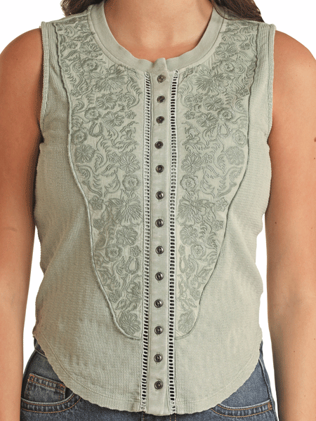Rock & Roll Denim BW20T03302-GRN Womens Embroidered Floral Tank Jade Green close up view of embroidery on front. If you need any assistance with this item or the purchase of this item please call us at five six one seven four eight eight eight zero one Monday through Saturday 10:00a.m EST to 8:00 p.m EST