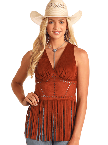 Rock & Roll Denim BW20T05873 Womens Studded Microsuede Fringe Top Brown front view. If you need any assistance with this item or the purchase of this item please call us at five six one seven four eight eight eight zero one Monday through Saturday 10:00a.m EST to 8:00 p.m EST