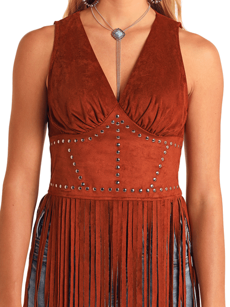 Rock & Roll Denim BW20T05873 Womens Studded Microsuede Fringe Top Brown front close up. If you need any assistance with this item or the purchase of this item please call us at five six one seven four eight eight eight zero one Monday through Saturday 10:00a.m EST to 8:00 p.m EST