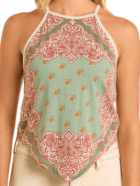 Rock & Roll Denim BW20T06288-AQ Womens Scarf Print Tank Aqua Copper front close up view. If you need any assistance with this item or the purchase of this item please call us at five six one seven four eight eight eight zero one Monday through Saturday 10:00a.m EST to 8:00 p.m EST