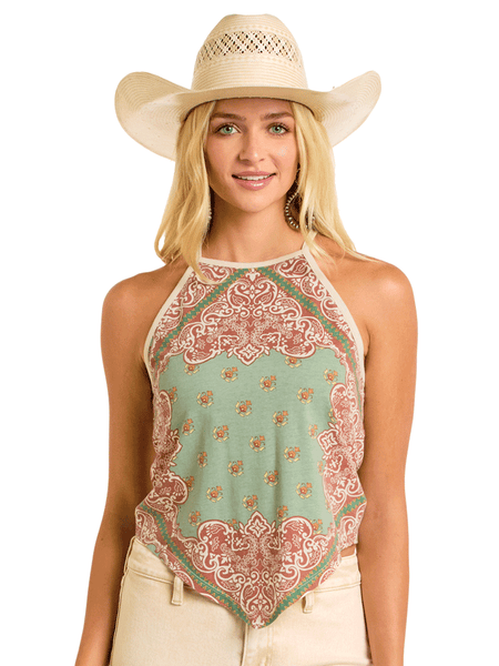 Rock & Roll Denim BW20T06288-AQ Womens Scarf Print Tank Aqua Copper front view. If you need any assistance with this item or the purchase of this item please call us at five six one seven four eight eight eight zero one Monday through Saturday 10:00a.m EST to 8:00 p.m EST