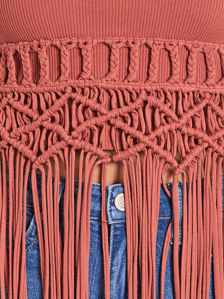 Rock & Roll Denim BW20T08080-RST Womens Top With Fringe Rust close up. If you need any assistance with this item or the purchase of this item please call us at five six one seven four eight eight eight zero one Monday through Saturday 10:00a.m EST to 8:00 p.m EST