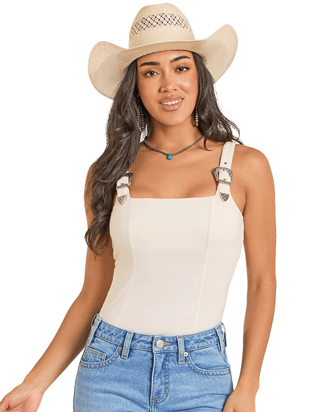 Rock & Roll Denim BW20T08084-IVO Womens Texture Buckle Strap Tank Top Ivory front view. If you need any assistance with this item or the purchase of this item please call us at five six one seven four eight eight eight zero one Monday through Saturday 10:00a.m EST to 8:00 p.m EST