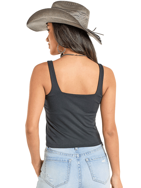 Rock & Roll Denim BW20T08084-BK Womens Texture Buckle Strap Tank Top Black back view. If you need any assistance with this item or the purchase of this item please call us at five six one seven four eight eight eight zero one Monday through Saturday 10:00a.m EST to 8:00 p.m EST