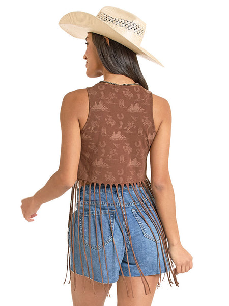 Rock & Roll Denim BW20T08111-BR Womens Conversational Fringe Top Brown back view. If you need any assistance with this item or the purchase of this item please call us at five six one seven four eight eight eight zero one Monday through Saturday 10:00a.m EST to 8:00 p.m EST