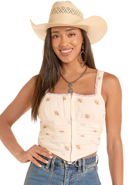 Rock & Roll Denim BW20T08772 Womens Flower Print Laced Corset Natural front view.If you need any assistance with this item or the purchase of this item please call us at five six one seven four eight eight eight zero one Monday through Saturday 10:00a.m EST to 8:00 p.m EST
