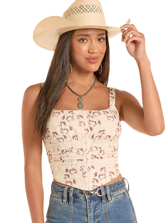 Rock & Roll Denim BW20T08814 Womens Horse Print Tank Top Natural front view. If you need any assistance with this item or the purchase of this item please call us at five six one seven four eight eight eight zero one Monday through Saturday 10:00a.m EST to 8:00 p.m EST