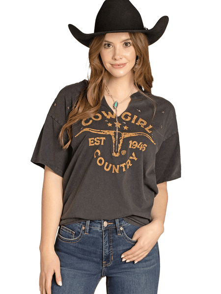 Rock & Roll Denim BW21T07959 Womens Graphic Tee With Studs Black front view. If you need any assistance with this item or the purchase of this item please call us at five six one seven four eight eight eight zero one Monday through Saturday 10:00a.m EST to 8:00 p.m EST