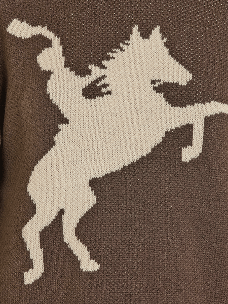 Rock & Roll Denim BW32T07819 Womens Blanket Stitch Horse Rider Sweater Dark Brown design close up. If you need any assistance with this item or the purchase of this item please call us at five six one seven four eight eight eight zero one Monday through Saturday 10:00a.m EST to 8:00 p.m EST