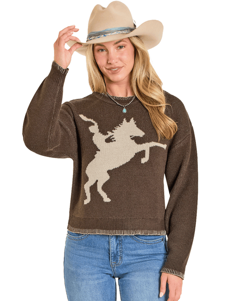 Rock & Roll Denim BW32T07819 Womens Blanket Stitch Horse Rider Sweater Dark Brown front view. If you need any assistance with this item or the purchase of this item please call us at five six one seven four eight eight eight zero one Monday through Saturday 10:00a.m EST to 8:00 p.m EST