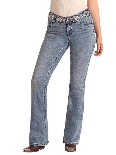 Rock & Roll Denim BW4MD06031 Womens Boot Stitch Mid Rise Bootcut Jean Medium Wash front view. If you need any assistance with this item or the purchase of this item please call us at five six one seven four eight eight eight zero one Monday through Saturday 10:00a.m EST to 8:00 p.m EST