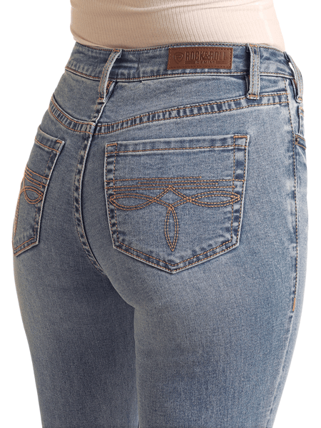 Rock & Roll Denim BW4MD06031 Womens Boot Stitch Mid Rise Bootcut Jean Medium Wash back close up view. If you need any assistance with this item or the purchase of this item please call us at five six one seven four eight eight eight zero one Monday through Saturday 10:00a.m EST to 8:00 p.m EST