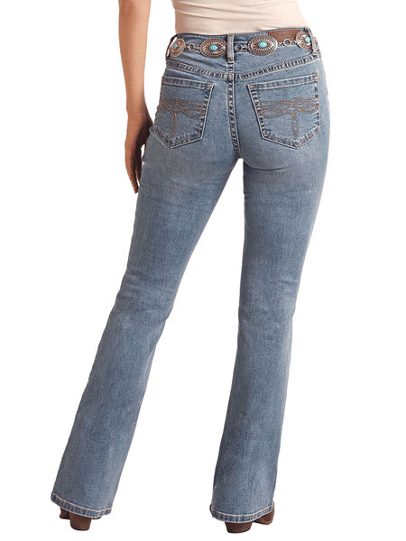 Rock & Roll Denim BW4MD06031 Womens Boot Stitch Mid Rise Bootcut Jean Medium Wash back view. If you need any assistance with this item or the purchase of this item please call us at five six one seven four eight eight eight zero one Monday through Saturday 10:00a.m EST to 8:00 p.m EST