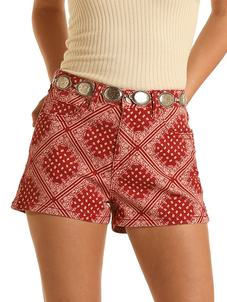 Rock & Roll Denim BW68D03530 Womens Bandana Shorts Scarlet Red front view. If you need any assistance with this item or the purchase of this item please call us at five six one seven four eight eight eight zero one Monday through Saturday 10:00a.m EST to 8:00 p.m EST