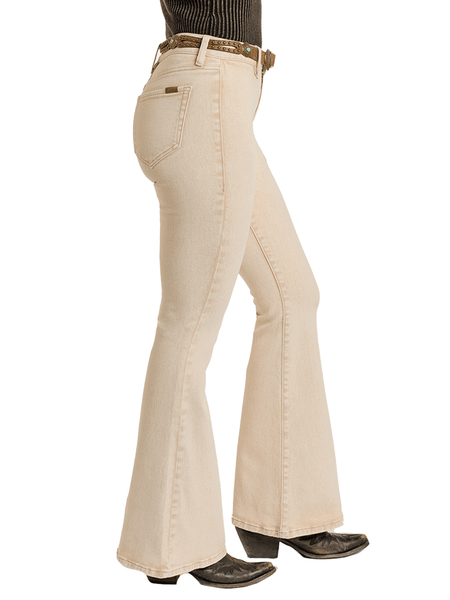 Rock & Roll Denim BW6PD06328 Womens High Rise Bargain Button Flare Jeans Natural side view. If you need any assistance with this item or the purchase of this item please call us at five six one seven four eight eight eight zero one Monday through Saturday 10:00a.m EST to 8:00 p.m EST