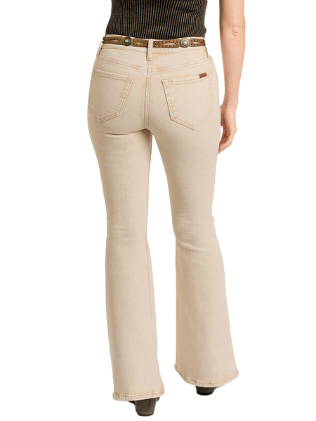 Rock & Roll Denim BW6PD06328 Womens High Rise Bargain Button Flare Jeans Natural back view. If you need any assistance with this item or the purchase of this item please call us at five six one seven four eight eight eight zero one Monday through Saturday 10:00a.m EST to 8:00 p.m EST