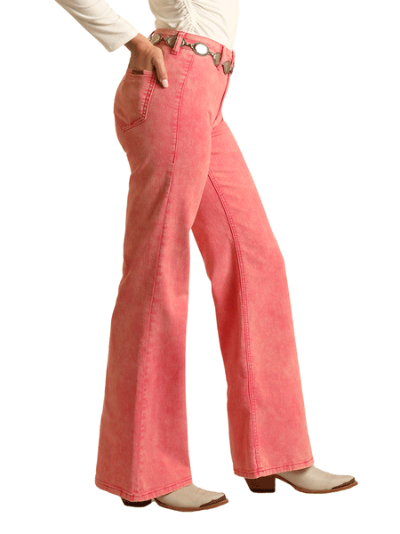 Rock & Roll Denim BW8PD03586 Womens High Rise Distressed Denim Flare Jeans Pink side view. If you need any assistance with this item or the purchase of this item please call us at five six one seven four eight eight eight zero one Monday through Saturday 10:00a.m EST to 8:00 p.m EST
