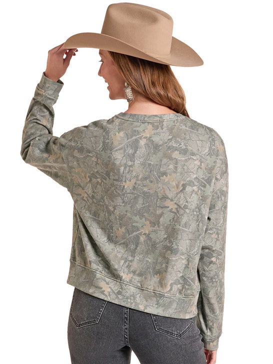 Rock & Roll Denim BW91T09712 Womens Graphic Pullover With Vents Olive back view. If you need any assistance with this item or the purchase of this item please call us at five six one seven four eight eight eight zero one Monday through Saturday 10:00a.m EST to 8:00 p.m EST