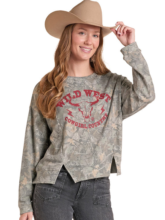 Rock & Roll Denim BW91T09712 Womens Graphic Pullover With Vents Olive front view. If you need any assistance with this item or the purchase of this item please call us at five six one seven four eight eight eight zero one Monday through Saturday 10:00a.m EST to 8:00 p.m EST