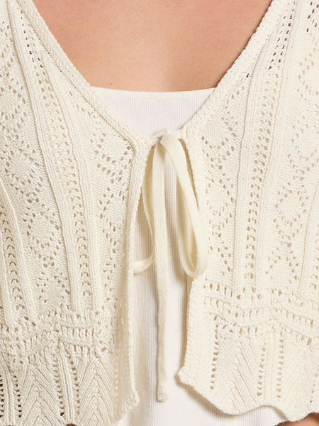 Rock & Roll Denim BW95T08089-IVO Womens Crochet Tie Knit Cardigan Sweater Ivory front close up. If you need any assistance with this item or the purchase of this item please call us at five six one seven four eight eight eight zero one Monday through Saturday 10:00a.m EST to 8:00 p.m EST