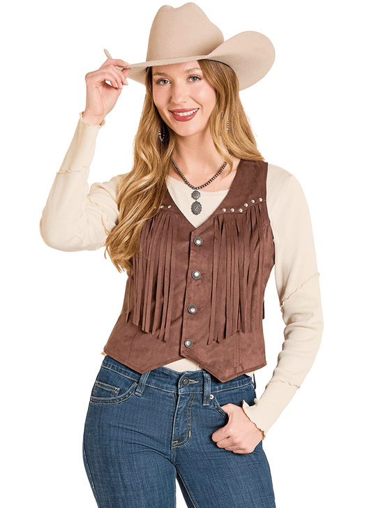 Rock & Roll Denim BW98C07788 Womens Embroidered Yoke Fringe Vest Dark Brown front view. If you need any assistance with this item or the purchase of this item please call us at five six one seven four eight eight eight zero one Monday through Saturday 10:00a.m EST to 8:00 p.m EST