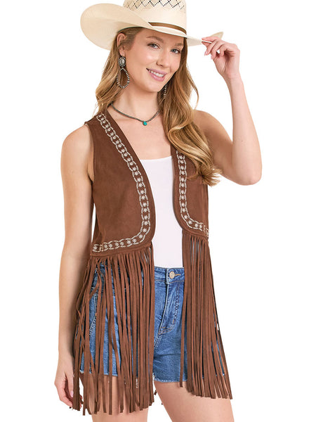 Rock & Roll Denim BW98C08110 Womens Embroidered Microsuede Fringe Vest Brown front view. If you need any assistance with this item or the purchase of this item please call us at five six one seven four eight eight eight zero one Monday through Saturday 10:00a.m EST to 8:00 p.m EST