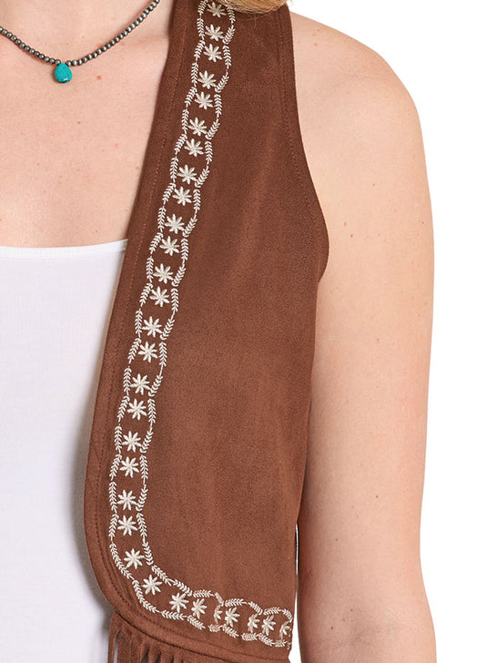 Rock & Roll Denim BW98C08110 Womens Embroidered Microsuede Fringe Vest Brown front close up. If you need any assistance with this item or the purchase of this item please call us at five six one seven four eight eight eight zero one Monday through Saturday 10:00a.m EST to 8:00 p.m EST