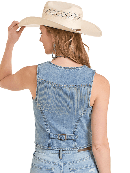 Rock & Roll Denim BW98D08511 Womens Denim Fringed Vest Medium Wash back view. If you need any assistance with this item or the purchase of this item please call us at five six one seven four eight eight eight zero one Monday through Saturday 10:00a.m EST to 8:00 p.m EST
