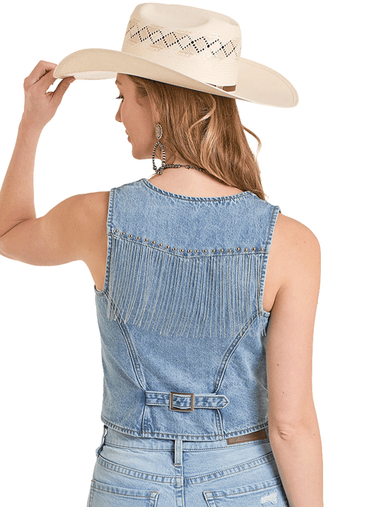 Rock & Roll Denim BW98D08511 Womens Denim Fringed Vest Medium Wash back view. If you need any assistance with this item or the purchase of this item please call us at five six one seven four eight eight eight zero one Monday through Saturday 10:00a.m EST to 8:00 p.m EST