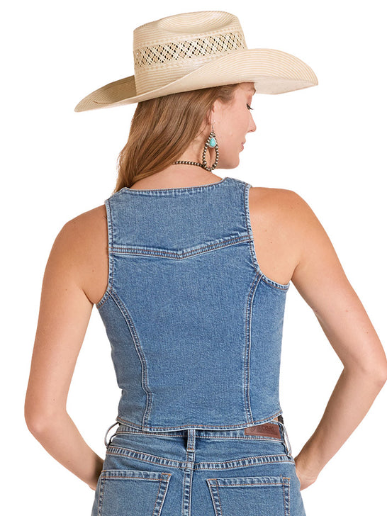 Rock & Roll Denim BW98D09107 Womens Seamed Zip Up Vest Denim back view. If you need any assistance with this item or the purchase of this item please call us at five six one seven four eight eight eight zero one Monday through Saturday 10:00a.m EST to 8:00 p.m EST