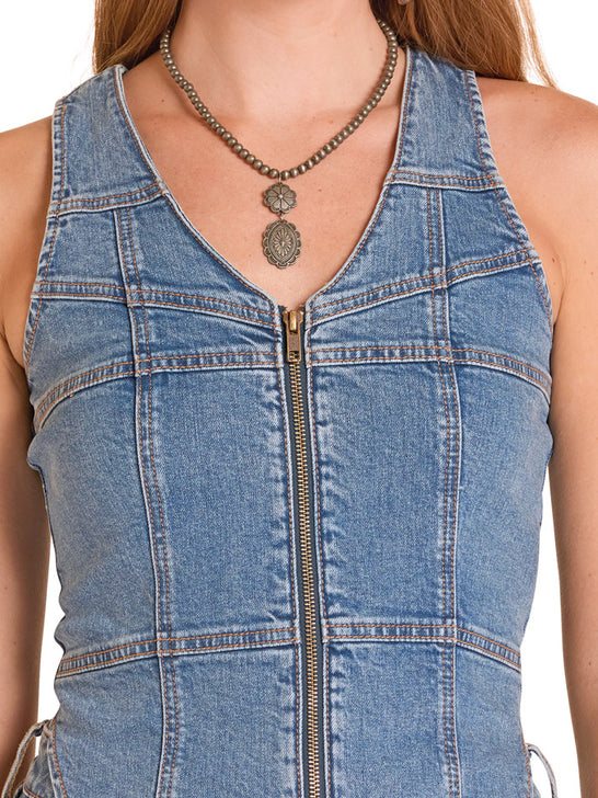 Rock & Roll Denim BW98D09107 Womens Seamed Zip Up Vest Denim front close up view. If you need any assistance with this item or the purchase of this item please call us at five six one seven four eight eight eight zero one Monday through Saturday 10:00a.m EST to 8:00 p.m EST