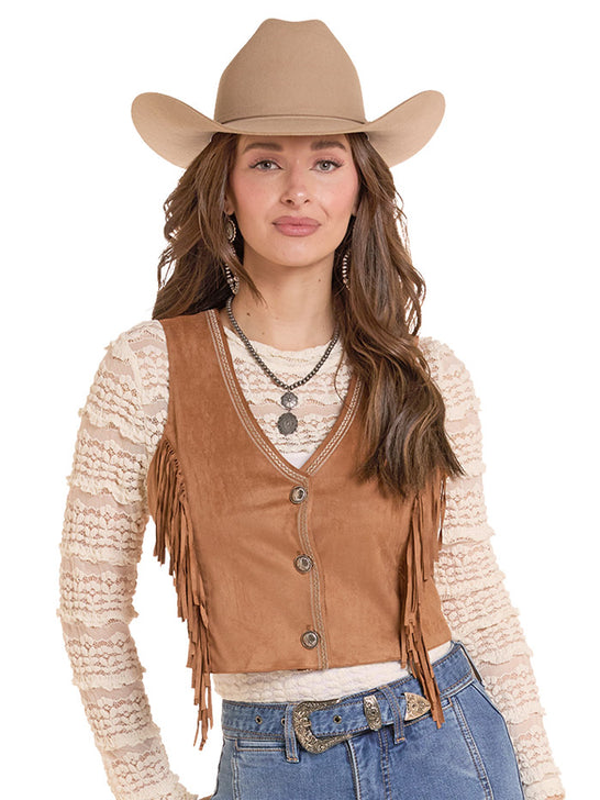 Rock & Roll Denim BW98T09979 Womens Embroidery Fringe Vest Copper front view. If you need any assistance with this item or the purchase of this item please call us at five six one seven four eight eight eight zero one Monday through Saturday 10:00a.m EST to 8:00 p.m EST
